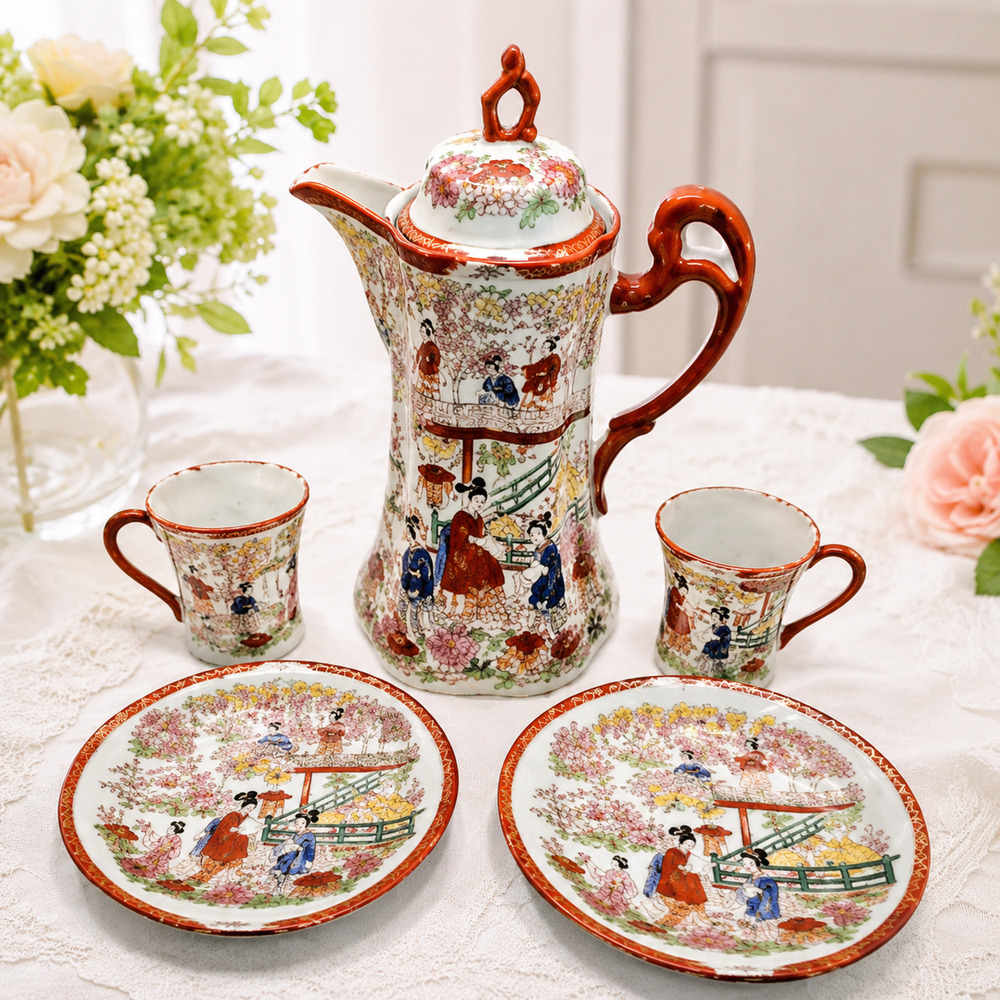 Vintage Japanese Chocolate Pot Tea Set Geisha Scenic Kutani Style 5 Pc Japan